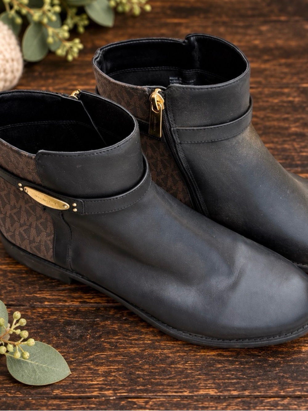 Michael Kors Black Leather & Brown Logo Chukka Boots with Gold Hardware
